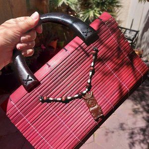 Vintage Tropical Wood Bag  with Tiki and Seashell Beads,  Hawaii Aloha 70s....